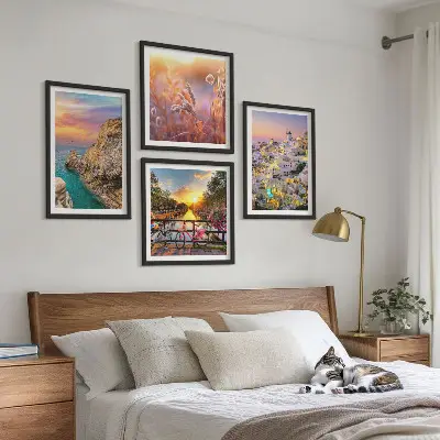 Set van posters met lijst zonsondergangen aan zee