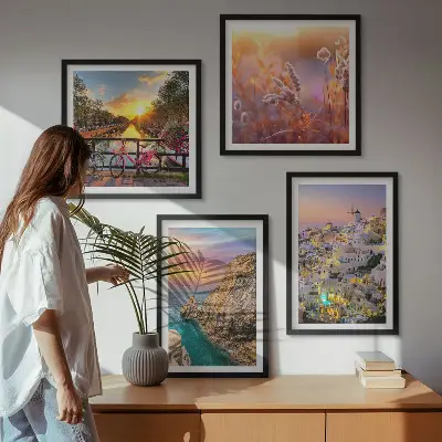 Set van posters met lijst zonsondergangen aan zee