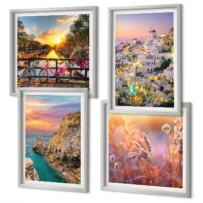 Set van posters met lijst zonsondergangen aan zee