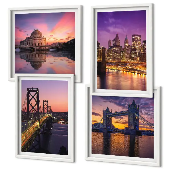 Set van posters met lijst brug, zon en stadsgezicht