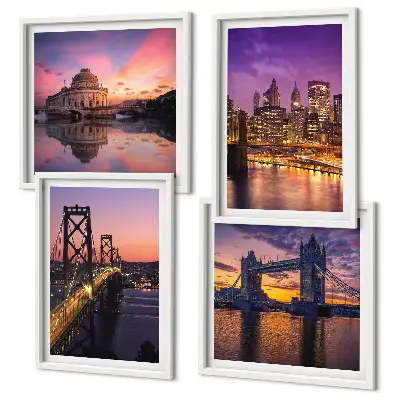 Set van posters met lijst Bruggen, zon, uitzicht over de stad