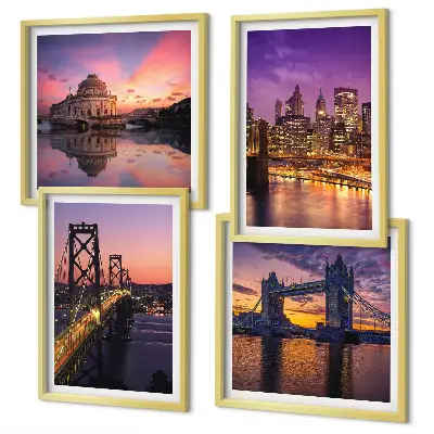 Set van posters met lijst brug, zon en stadsgezicht