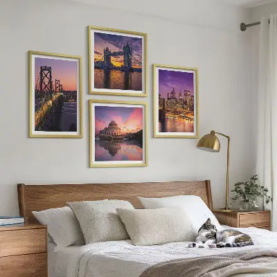 Set van posters met lijst brug, zon en stadsgezicht