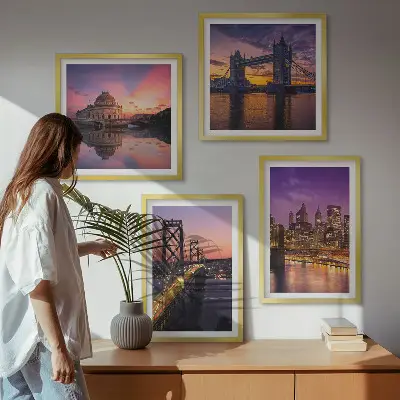 Set van posters met lijst brug, zon en stadsgezicht