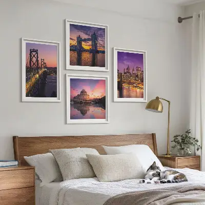 Set van posters met lijst brug, zon en stadsgezicht
