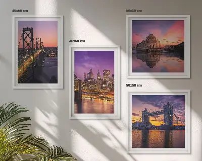 Set van posters met lijst brug, zon en stadsgezicht
