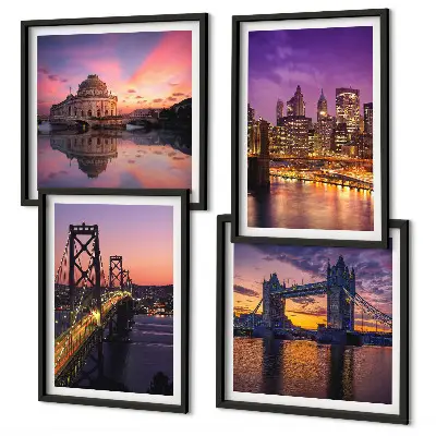 Set van posters met lijst brug, zon en stadsgezicht
