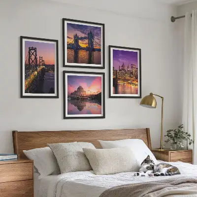 Set van posters met lijst brug, zon en stadsgezicht