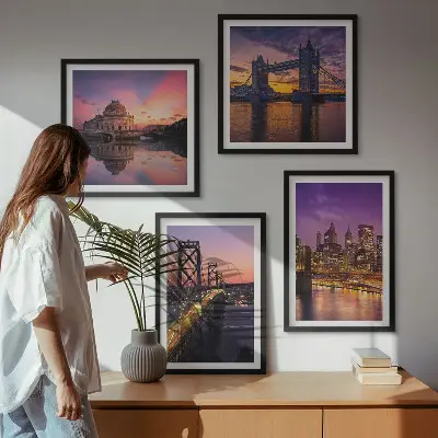 Set van posters met lijst brug, zon en stadsgezicht