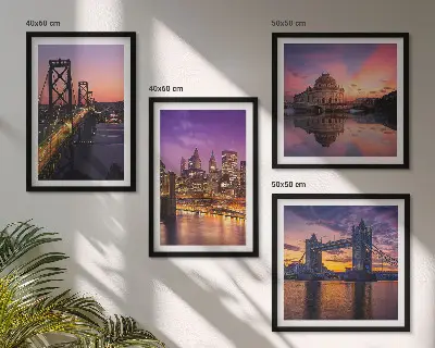 Set van posters met lijst brug, zon en stadsgezicht