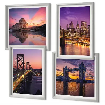 Set van posters met lijst brug, zon en stadsgezicht