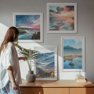 Berglandschappen met watervallen meerluik in lijst