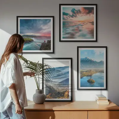 Berglandschappen met watervallen meerluik in lijst