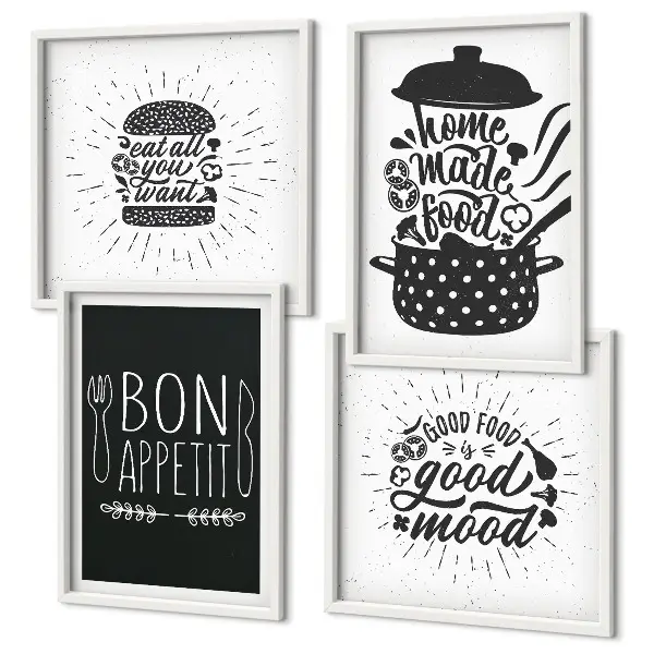 Set posters met lijst grafische afbeeldingen met culinaire spreuken