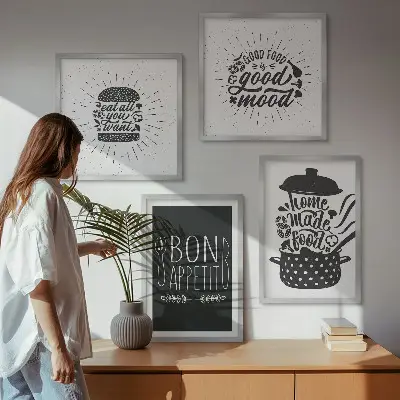 Set posters met lijst grafische afbeeldingen met culinaire spreuken