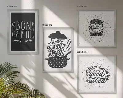 Set posters met lijst grafische afbeeldingen met culinaire spreuken