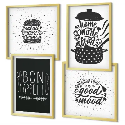 Set posters met lijst grafische afbeeldingen met culinaire spreuken