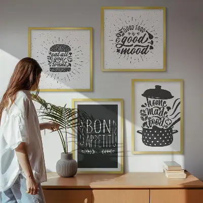 Set posters met lijst grafische afbeeldingen met culinaire spreuken