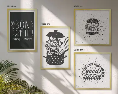 Set posters met lijst grafische afbeeldingen met culinaire spreuken