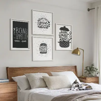 Set posters met lijst grafische afbeeldingen met culinaire spreuken