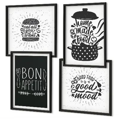 Set posters met lijst grafische afbeeldingen met culinaire spreuken