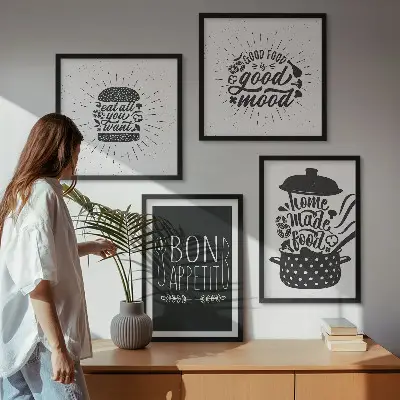 Set posters met lijst grafische afbeeldingen met culinaire spreuken