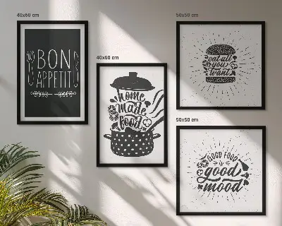 Set posters met lijst grafische afbeeldingen met culinaire spreuken