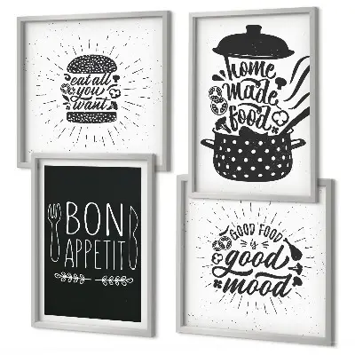 Set posters met lijst grafische afbeeldingen met culinaire spreuken