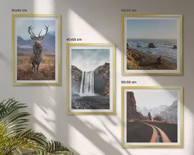 Meerluik in lijst met berglandschappen, watervallen, herten en stranden