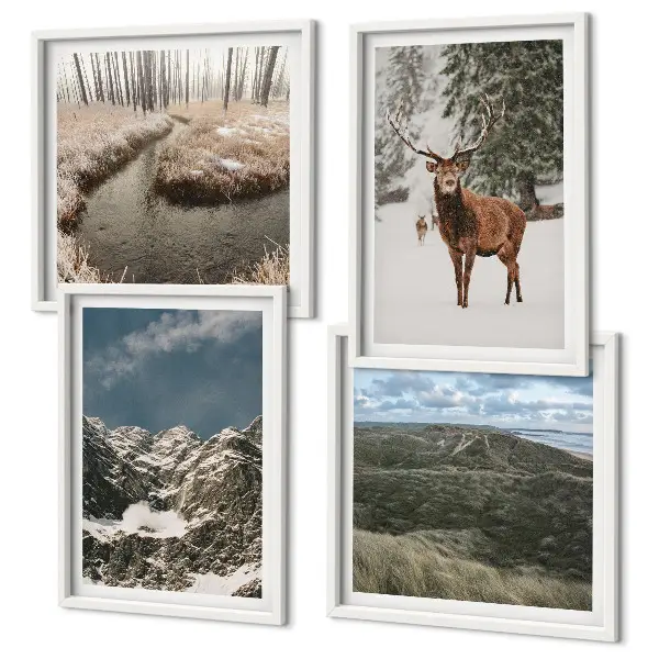 Set posters met lijst met berglandschap, sneeuwherten en bos