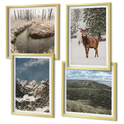 Set posters met lijst met berglandschap, sneeuwherten en bos