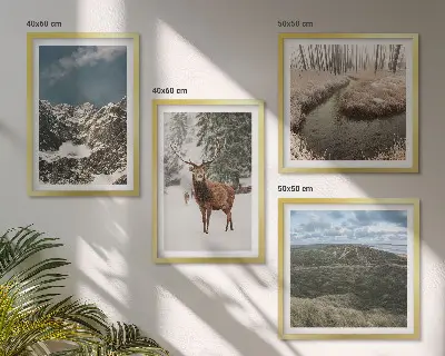 Set posters met lijst met berglandschap, sneeuwherten en bos
