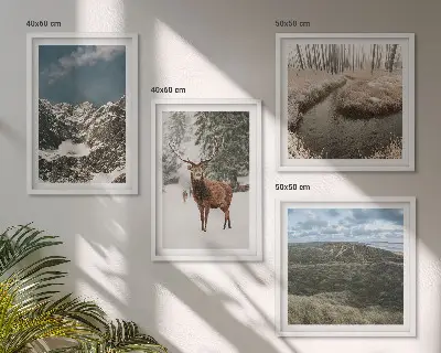 Set posters met lijst met berglandschap, sneeuwherten en bos