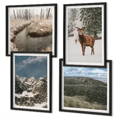Set posters met lijst met berglandschap, sneeuwherten en bos