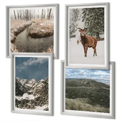Set posters met lijst met berglandschap, sneeuwherten en bos