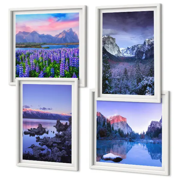 Set van posters met lijst berglandschappen, water en een bloemenveld