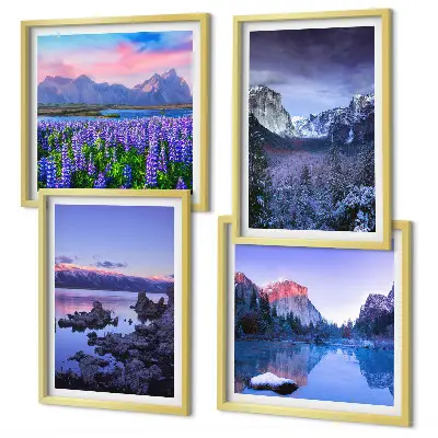 Set van posters met lijst berglandschappen, water en een bloemenveld