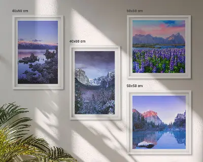 Set van posters met lijst berglandschappen, water en een bloemenveld