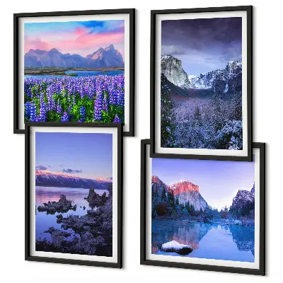 Set van posters met lijst berglandschappen, water en een bloemenveld