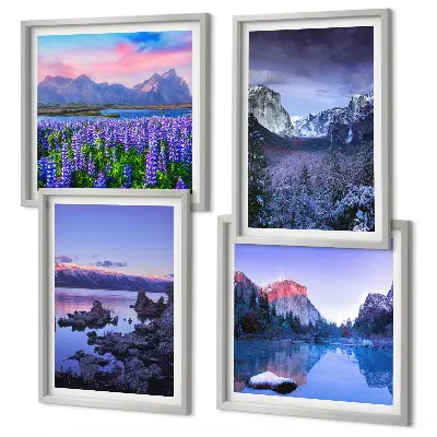 Set van posters met lijst berglandschappen, water en een bloemenveld