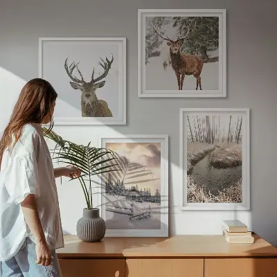 Winterlandschap met herten set van posters met lijst