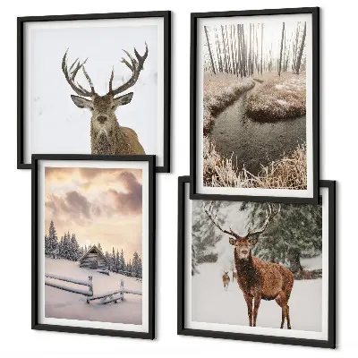 Winterlandschap met herten set van posters met lijst