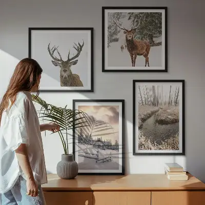 Winterlandschap met herten set van posters met lijst