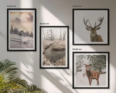 Winterlandschap met herten set van posters met lijst
