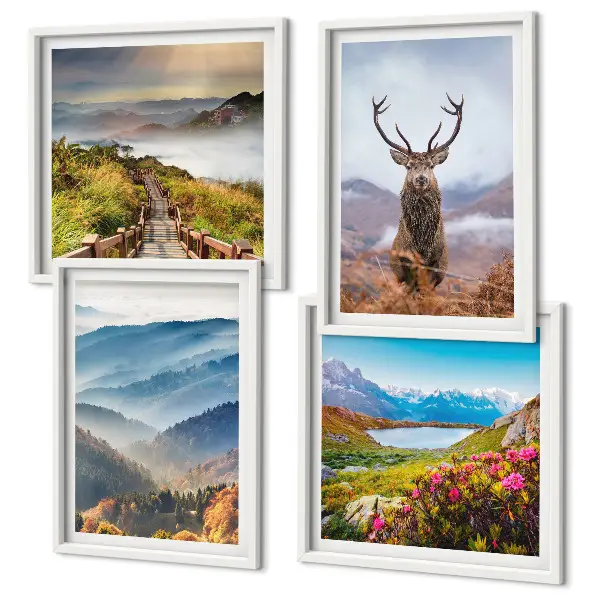 Posterset met lijsten berglandschap met meer en herten