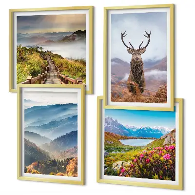 Posterset met lijsten berglandschap met meer en herten