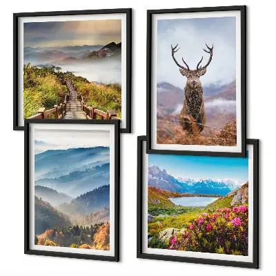 Posterset met lijsten berglandschap met meer en herten