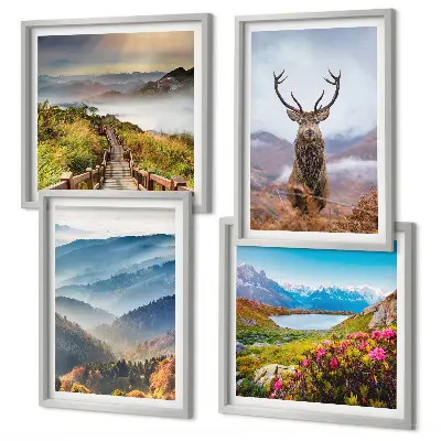 Posterset met lijsten berglandschap met meer en herten