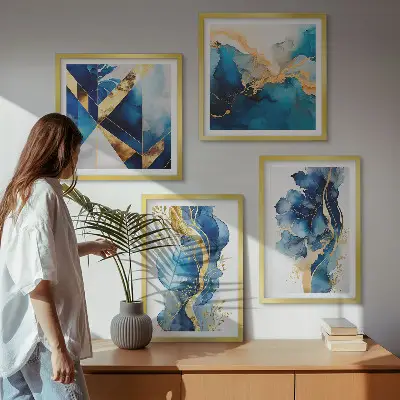 Blauwe abstracte patronen set van posters met lijst