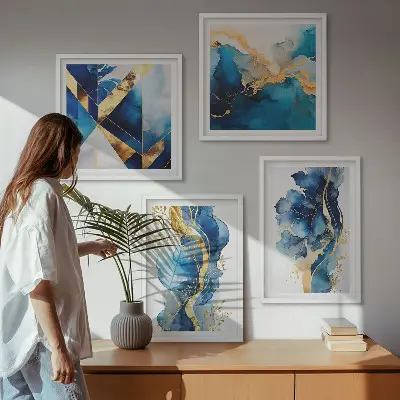 Blauwe abstracte patronen set van posters met lijst